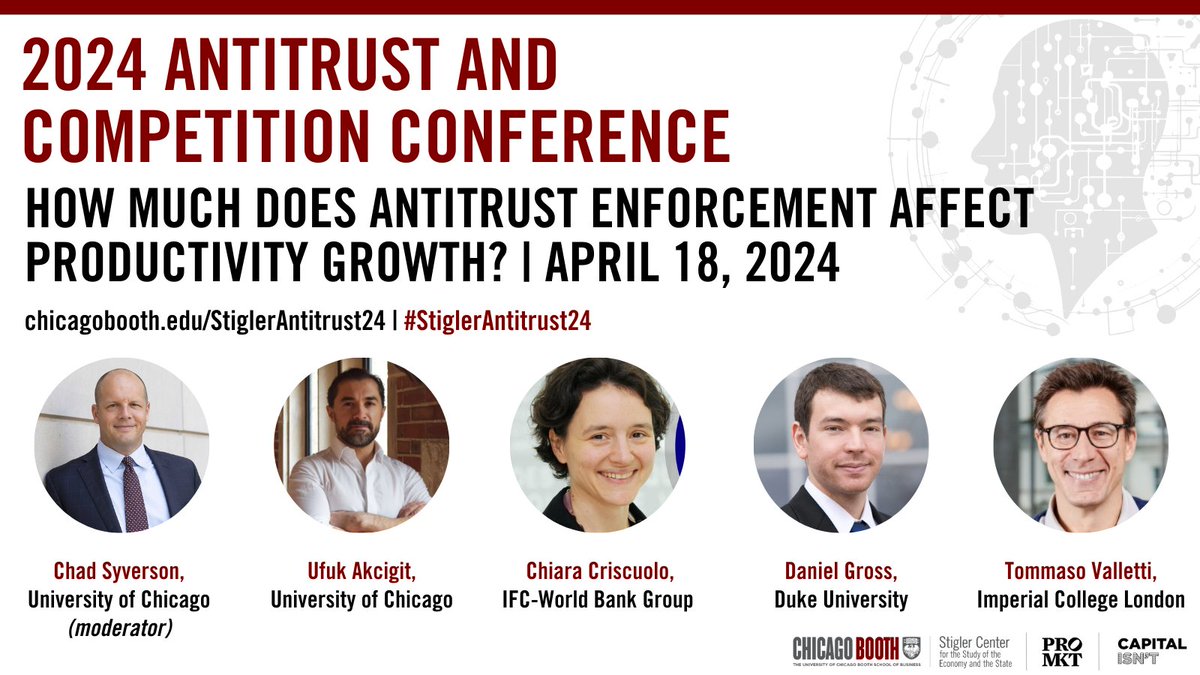 Our first panel at #StiglerAntitrust24 will bring together economists from different fields to discuss how #antitrust enforcement impacts long-term innovation. 🎙️ @ChadSyverson, @ufukakcigit, @C_Criscuolo, @daniel_p_gross, and @TomValletti 🎙️ Livestream: bit.ly/StiglerAntitru…