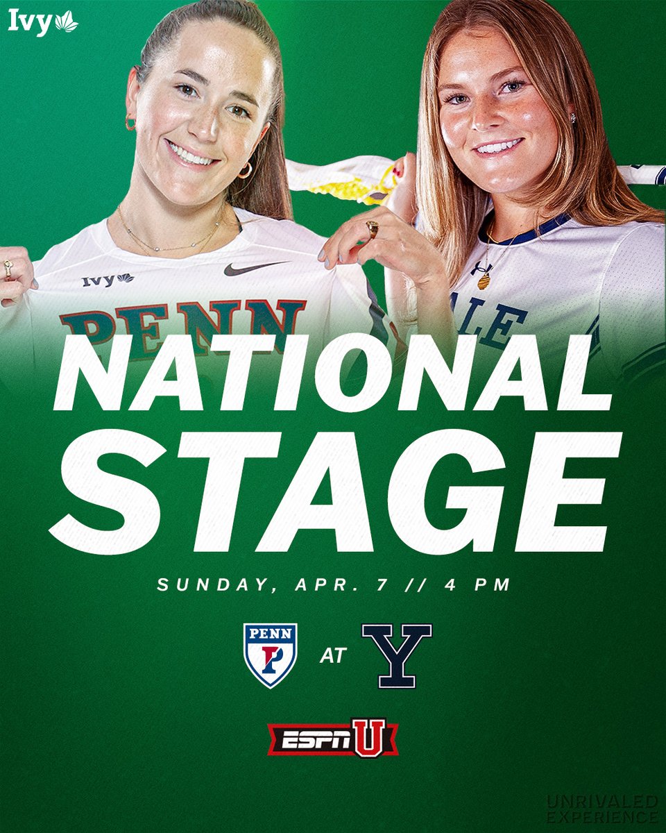 NATIONAL STAGE. No. 7 @PennWomensLax travels to No. 16 @YaleWLacrosse in a battle between two nationally-ranked teams tomorrow on ESPNU! Catch all the action Sunday at 4 p.m. 🌿🥍