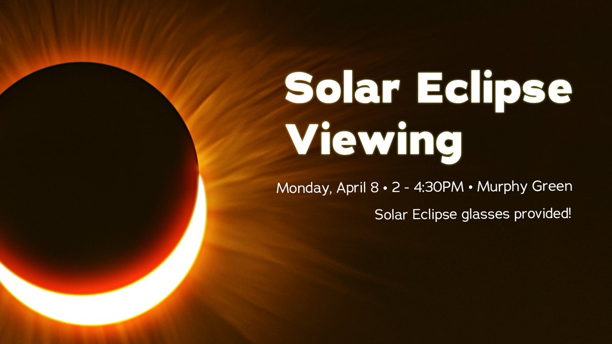 Attn: Gaels! Join us for a Solar Eclipse viewing on the Murphy Green. ☀️ Please note, peak eclipse starts at 3:25 p.m. 📅 Monday, April 8, 2024 ⏰ 2 p.m. - 4:30 p.m. 📍 Murphy Green