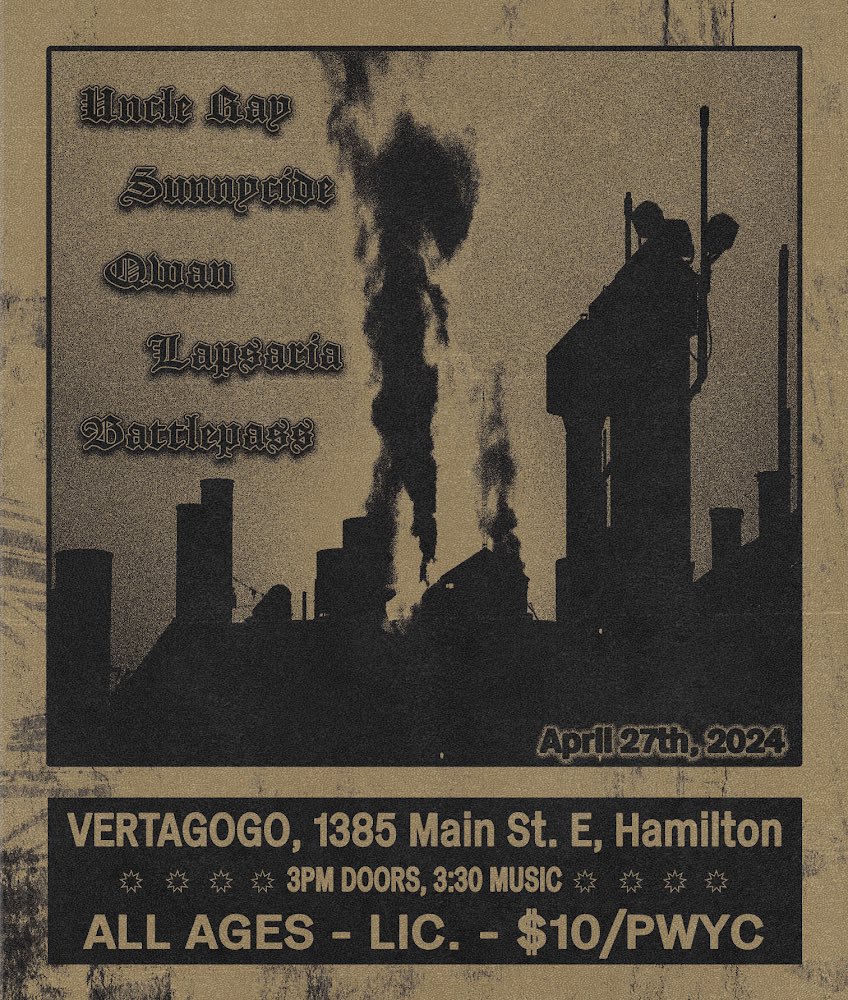battlepassband's tweet photo. Hamilton! We are making our way to you on April 27th at Vertagogo with some awesome bands. Hope to see you there!

$10/PWYC
Doors: 3:00
Show: 3:30

Bands:
Unclr Ray
Sunnycide
Qwan
Lapsaria https://t.co/Yt1WautiTf