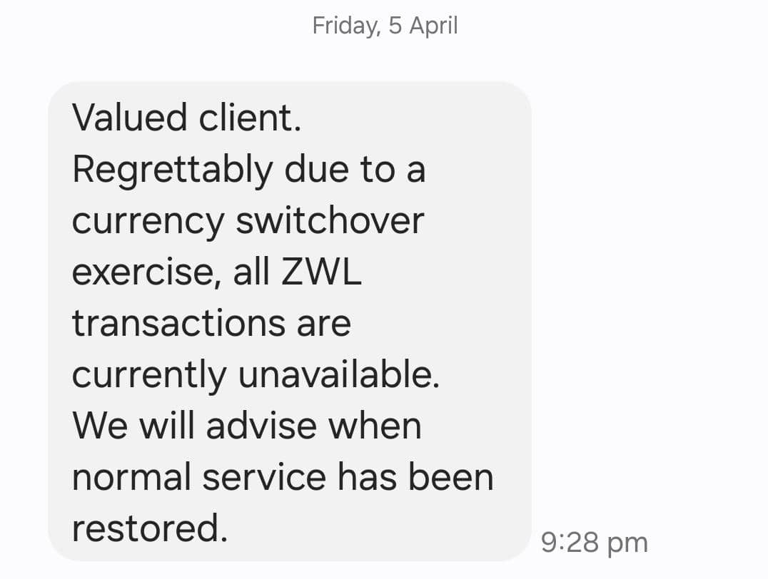 Zimbabwe's currency change, announced today, has banks and mobile phone networks scrambling to readjust balances and suspending services in the local currency, causing untold disruption particularly to workers who are paid in the inflation-hit local currency