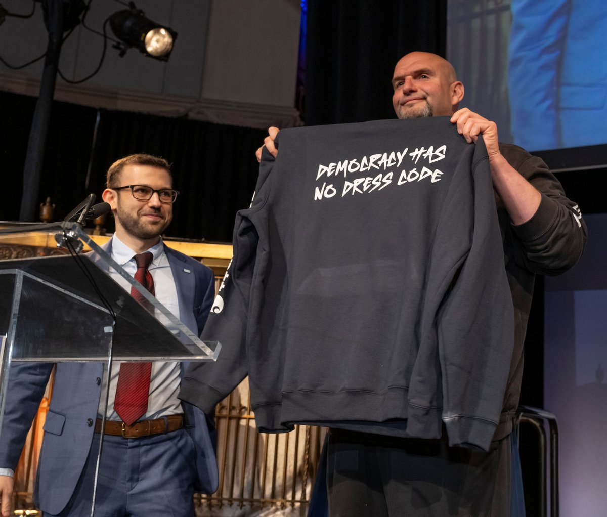 Last night @Renew_Democracy decided to get into the fashion business at our annual Heroes of Democracy gala. By fashion business, I mean that I had the distinct pleasure of offering one of our honorees, @JohnFetterman a unique Hoodie highlighting that Democracy has no Dress Code!