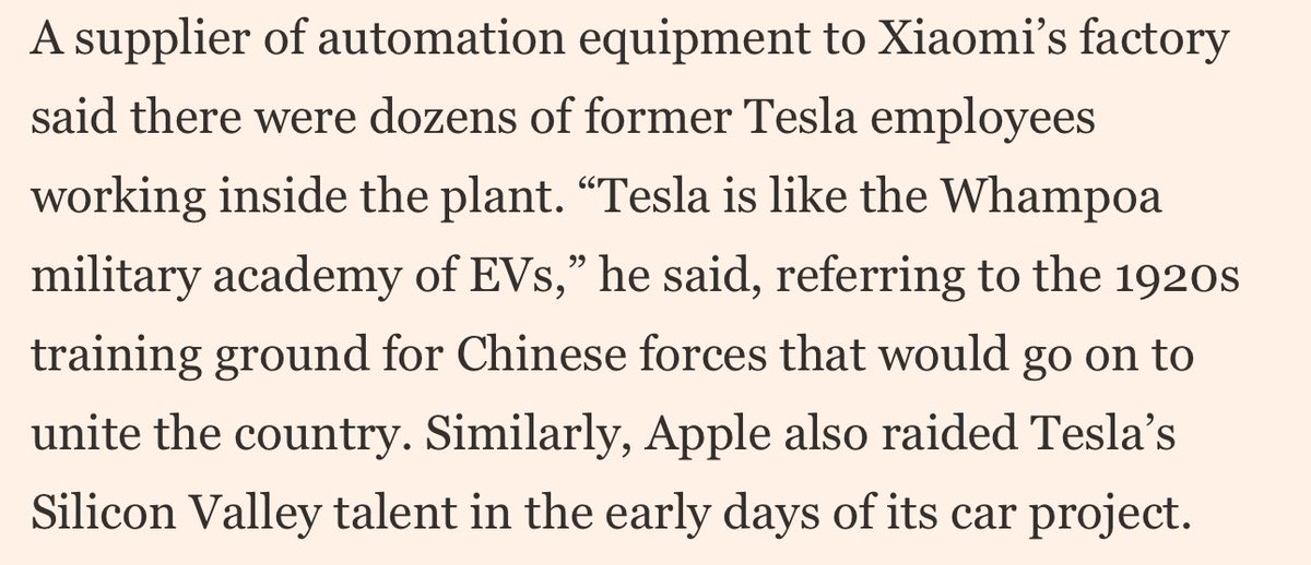 Amazing quote about Tesla from a Xiaomi supplier. I talk a lot about the benefits of bringing in top foreign firms to boost your domestic supply chain. But the biggest benefit by far is the cultivation of local talent who can launch a wave of domestic competitors.