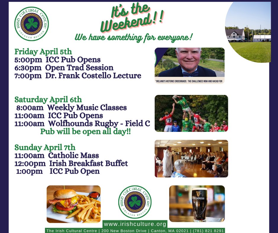 Join us at the ICC this weekend. We have something for everyone! #rugby #IrishCulturalCentre #traditionalirishmusic #irishhistory