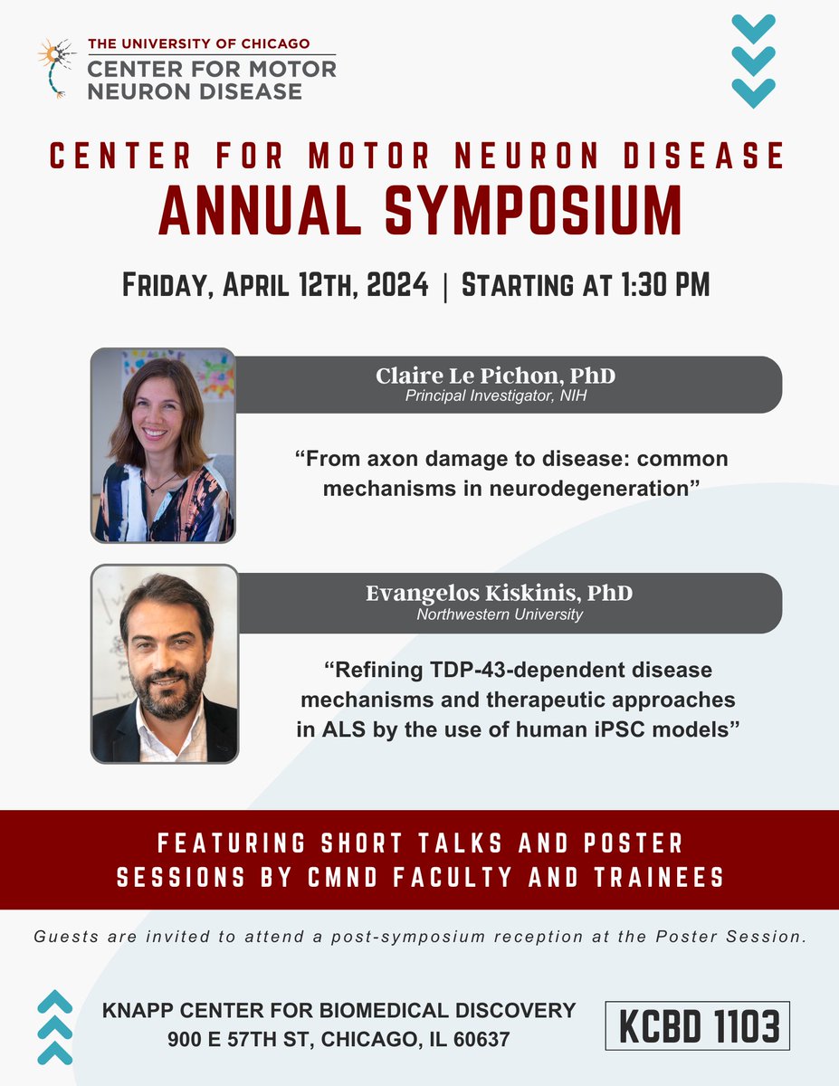University of Chicago Neuroscience Institute (@uchicago_brains) on Twitter photo The Center for Motor Neuron Disease (CMND) Annual Symposium is coming up this Friday, April 12!  
The event features renowned speakers, short talks, and poster sessions by CMND faculty and trainees. Check out the schedule and join us: neuroscience.uchicago.edu/cmnd-annual-sy… #MotorNeuronDisease The Center for Motor Neuron Disease (CMND) Annual Symposium is coming up this Friday, April 12!  
The event features renowned speakers, short talks, and poster sessions by CMND faculty and trainees. Check out the schedule and join us: neuroscience.uchicago.edu/cmnd-annual-sy… #MotorNeuronDisease