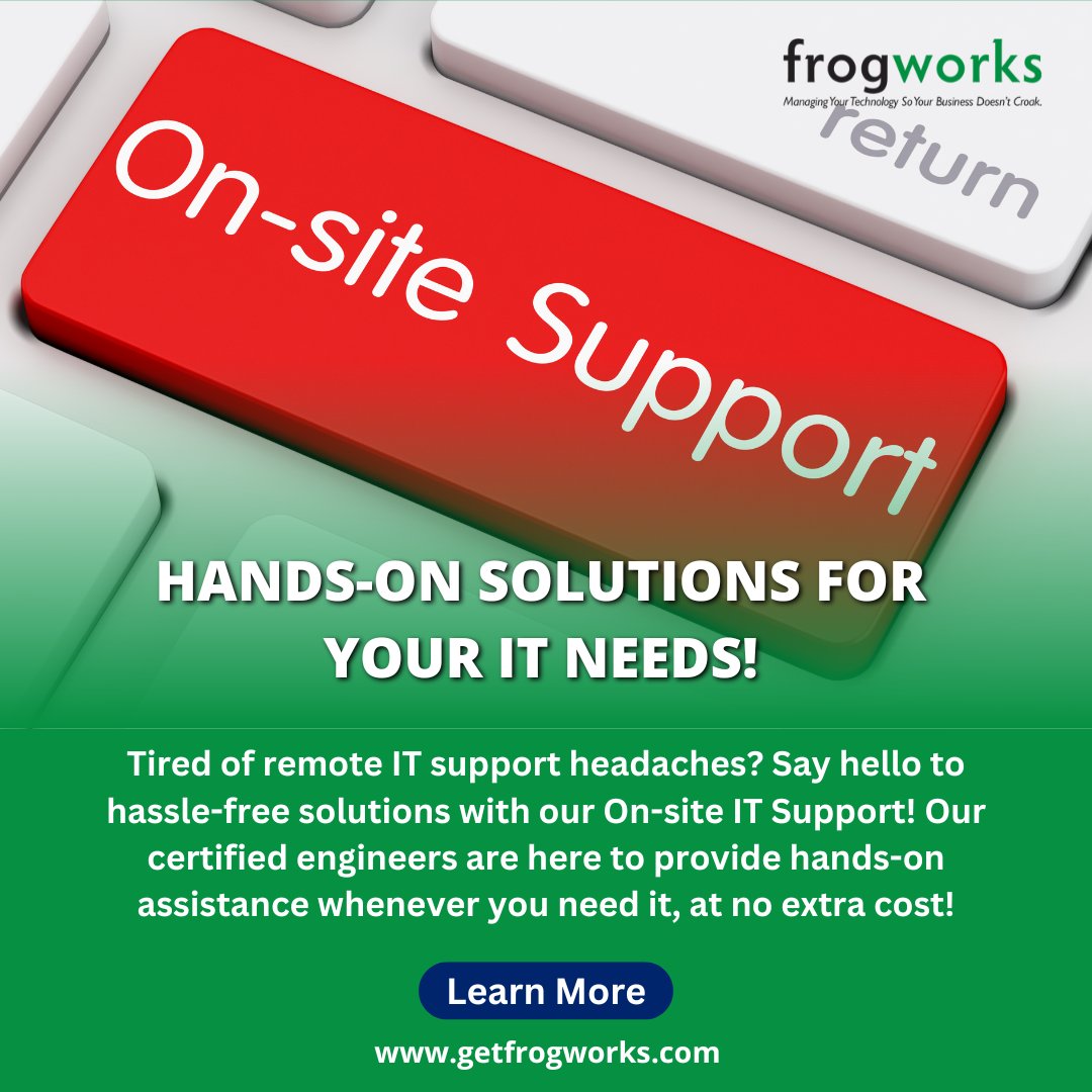 Frogworks's tweet image. Tired of remote IT support headaches? Say hello to hassle-free solutions with our On-site IT Support! 💻 Our certified engineers are here to provide hands-on assistance whenever you need it, at no extra cost!  

#OnsiteITSupport #HandsOnSolutions #TechAssistance