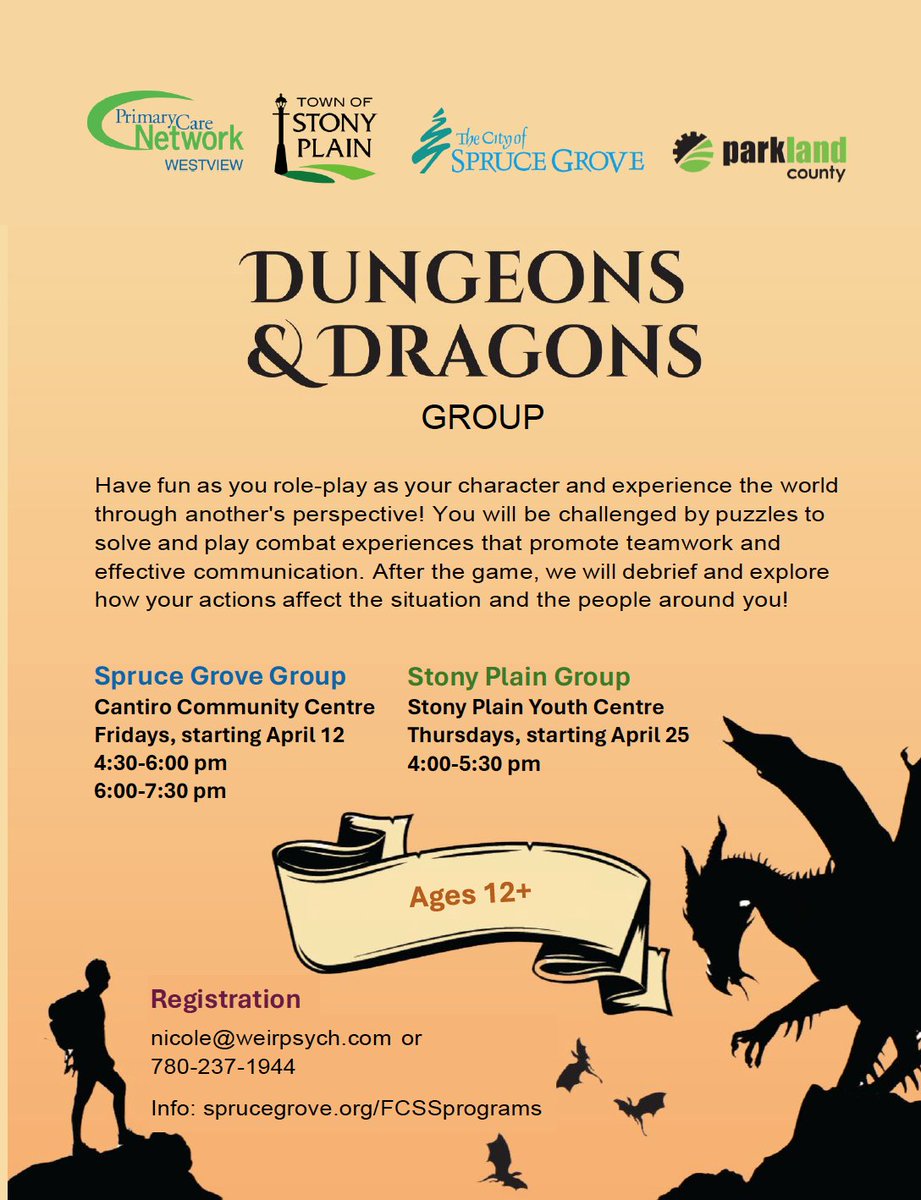 Dungeons & Dragons is back! ✨ Please see the poster for details and dates. Share with youth in your life who might be interested. 🐉 🏰

More info: westviewpcn.ca

#sprucegrove #stonyplain #parklandcounty #wabamunlake #dungeonsanddragons #ab