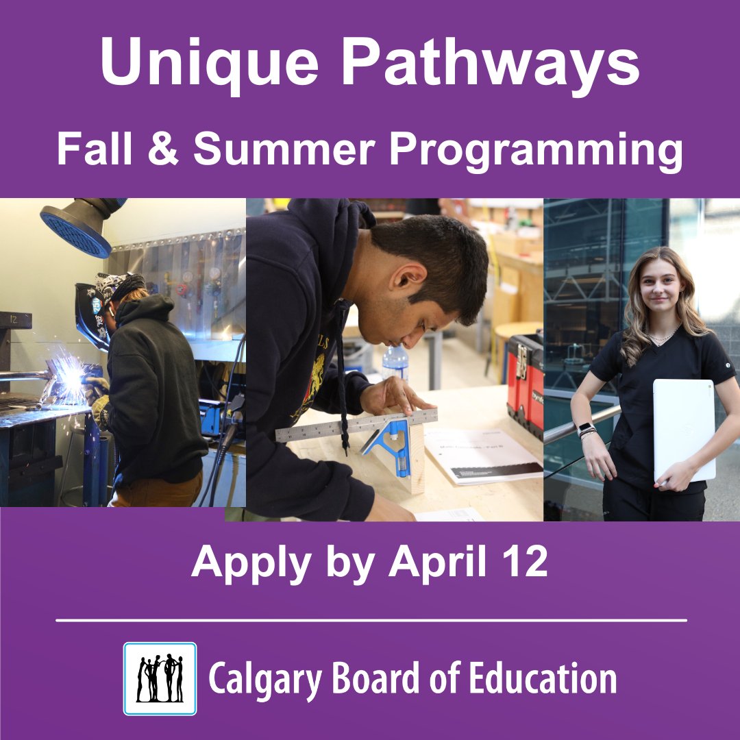 Applications for summer & fall dual credit and exploratory programs are open. High school students, dive into post-secondary learning & hands-on skills training while earning credits! Apply by April 12. Visit cbe.ab.ca/uniquepathways for program details and applications #WeAreCBE