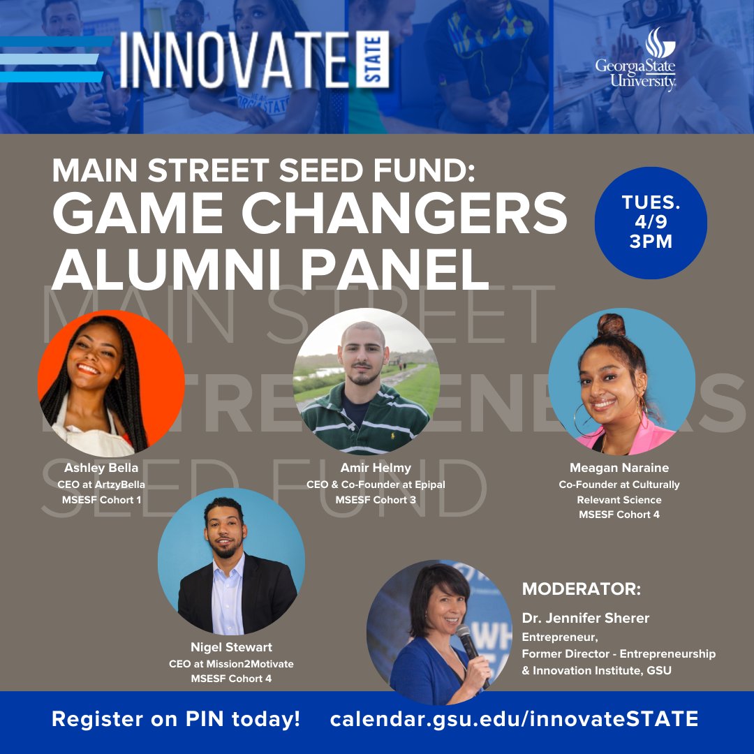 Get ready to be inspired as four distinguished @GeorgiaState and Main Street #alumni share their entrepreneurial journeys and the invaluable lessons they've learned along the way. @theashleybella @meaganknaraine @M2M.learning 
Register now: t.gsu.edu/3PKXOvS
#eniGSU