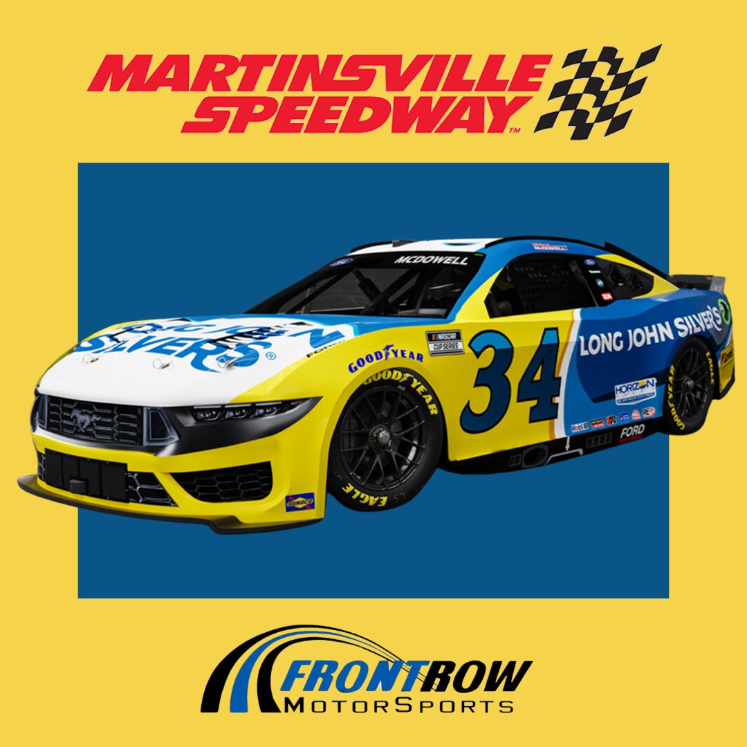 Tomorrow, get ready for the return of the No. 34 Long John Silver's Ford Mustang Dark Horse at @martinsvilleswy! Watch Michael McDowell with @team_frm bring the heat 🔥. AND, don't miss tonight's LJS 200 #NASCAR Craftsman Truck Series at 7:30pm! 🏁 #LJS200