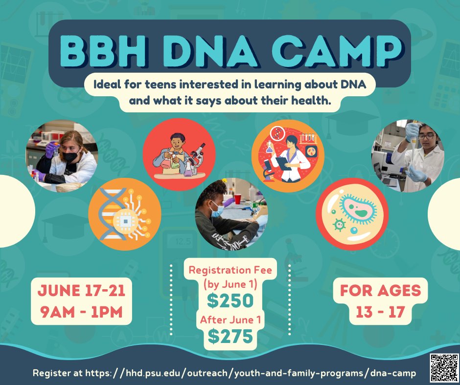 🧬 Unlock secrets of your DNA at @Penn_State's #PSUBBH #DNACamp! Teens aged 13-17, join us June 17-21 in the Biomarker Core Lab to explore lab techniques, extract DNA from your saliva, and discover insights into your health. Learn more and register here: ow.ly/2gsS50R9nhi