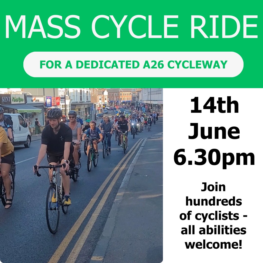 Join us on 14th June! 500 people will ride for clean air, safer roads, cheaper travel and the joy of cycling!🚴‍♂️🚴🚴‍♀️🚴 sign up at: bit.ly/massridejuneTWI #tunbridgewells #kent #cycle #A26cycleway #cycling #tonbridge