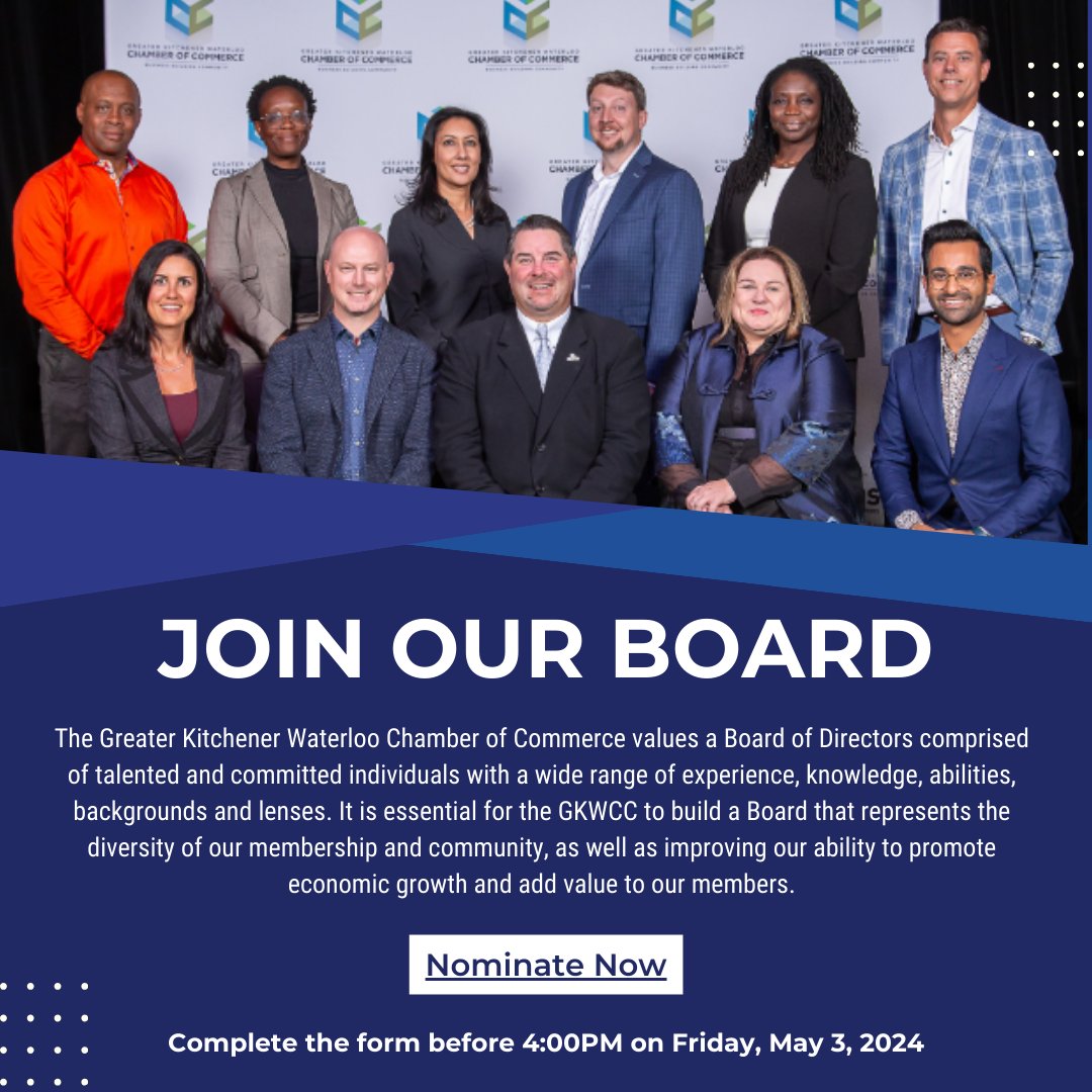 We have opened up Board of Directors nominations! Nominate someone who you believe deserves to stand on our board - a person that comprises a wide range of experience, knowledge, and values. Fill out the form here: forms.gle/xC31tHNTsJM5z2… #boardofdirectors #chamberofcommerce