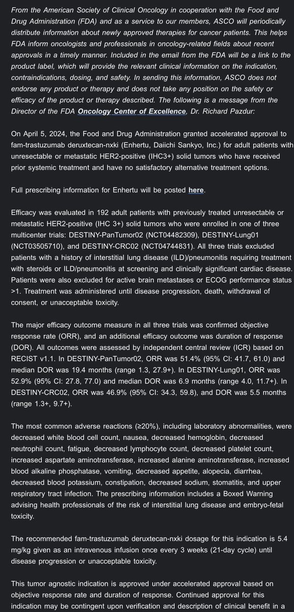 “FDA grants accelerated approval to fam-trastuzumab deruxtecan-nxki for unresectable or metastatic HER2-positive solid tumors” Big news for #BladderCancer and all advanced cancers @FDAOncology @MattGalsky @apolo_andrea @FaltasLab @Perlmutter_CC