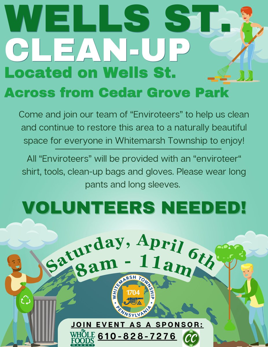 Good weather - maybe a bit brisk - tomorrow for Wells St. Clean-Up from 8 a.m. to 11 a.m. and tree planting event at McCarthy Park from 9:30 a.m. to noon. Tree planting details and sign up here: givepulse.com/event/443222 Help keep Whitemarsh clean and green. .
