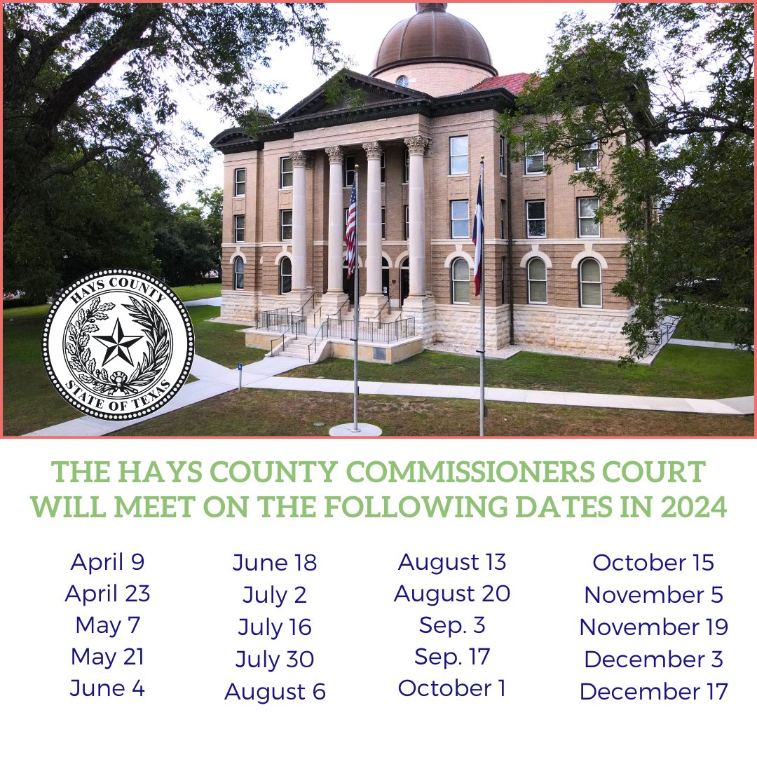Hays County Commissioners Court meets this coming Tuesday, Apr. 9. Meetings take place beginning at 9 a.m. in the Historic Courthouse located at 111 E. San Antonio St. in San Marcos. See the agenda and learn more about your local county government at hayscountytx.com.