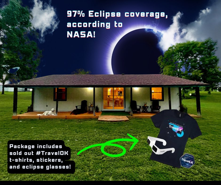 Did you know we're so close to the #pathoftotality in Rose, Okla., that we’ll get 97% #eclipse coverage, according to @NASA? 🤩 So avoid the traffic, make a weekend of it & we’ll even throw in some sold-out @TravelOK t-shirts, stickers & #eclipse glasses! 😎 Book your stay now!