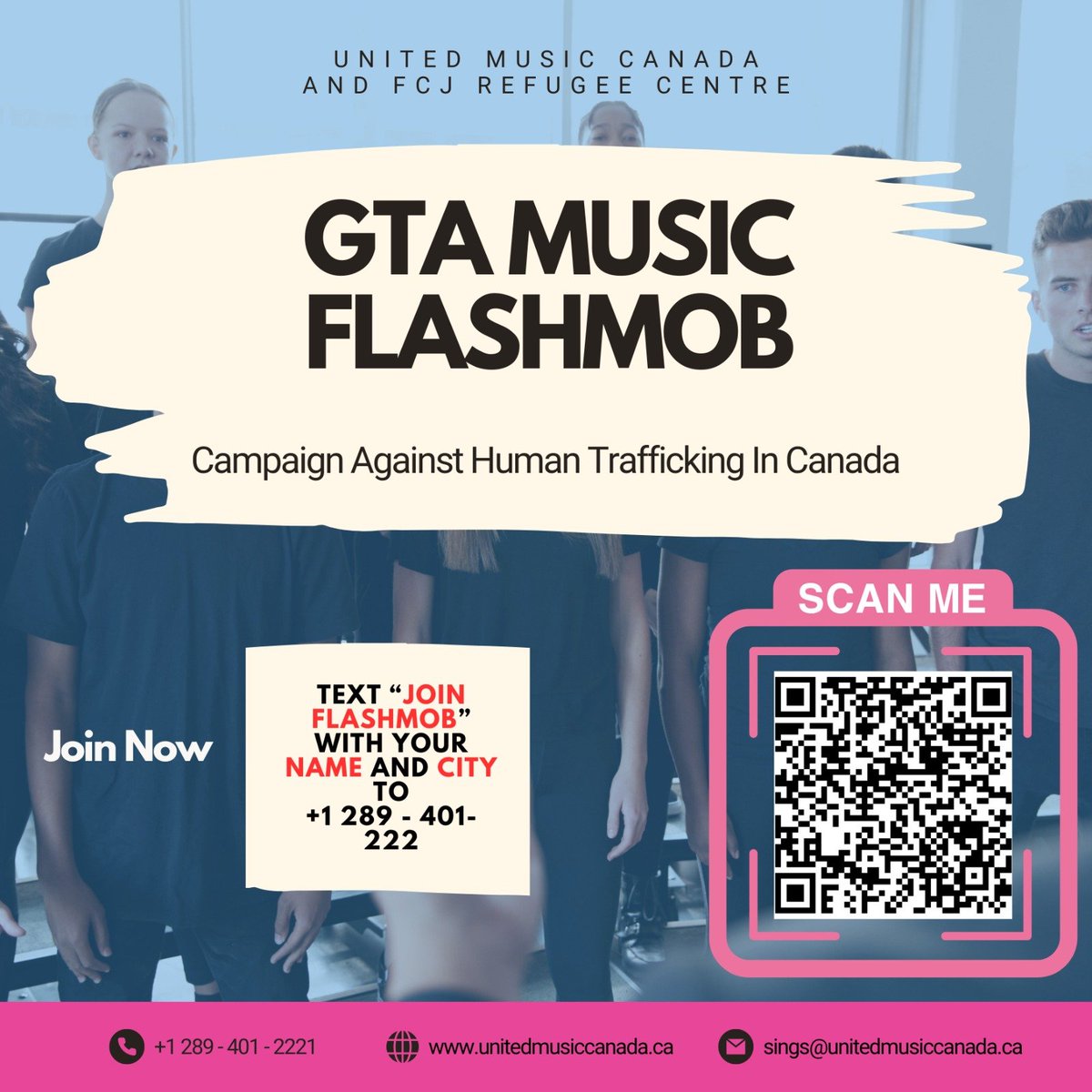 Do you want to be part of an opportunity to advocate through music? FCJ Refugee Centre and United Music Canada are organizing a flash mob to raise awareness about human trafficking in Canada. Scan the code to join! 👇