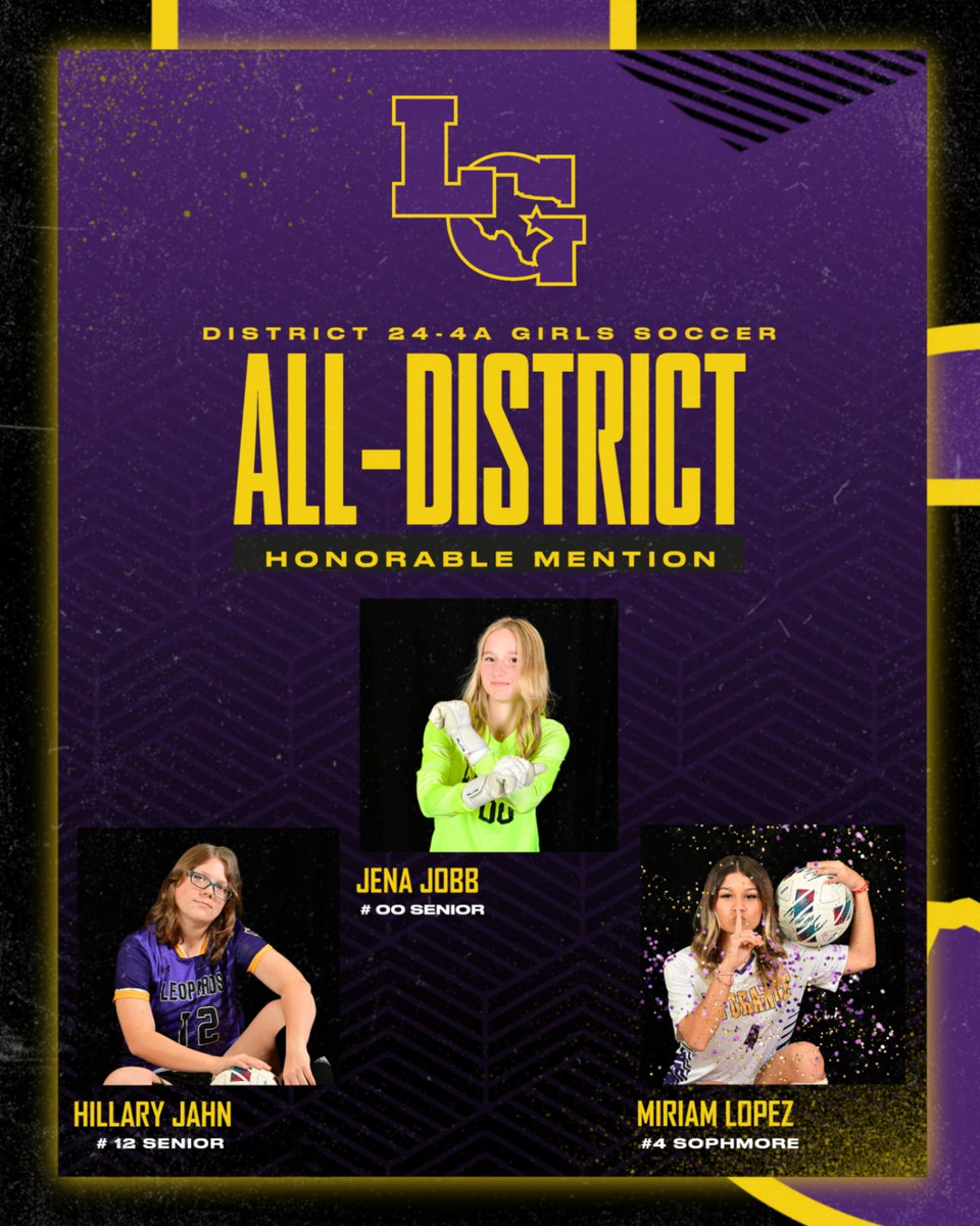 Congratulations to senior Hillary Jahn, Senior Jena Jobb, and sophomore Miriam Lopez for being named District 24-4A Honorable Mention!