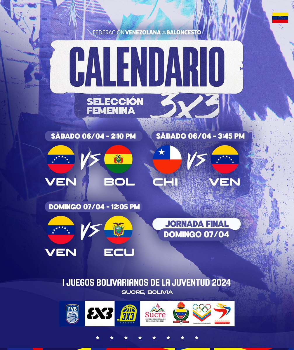 🇻🇪 Calendario de competición de nuestras selecciones nacionales 3x3 U18. 🏆 I Juegos Bolivarianos de la Juventud Sucre 2024. 📅 Del 06 al 07 de abril. 📍 Sucre, Bolivia 🇧🇴. #3x3