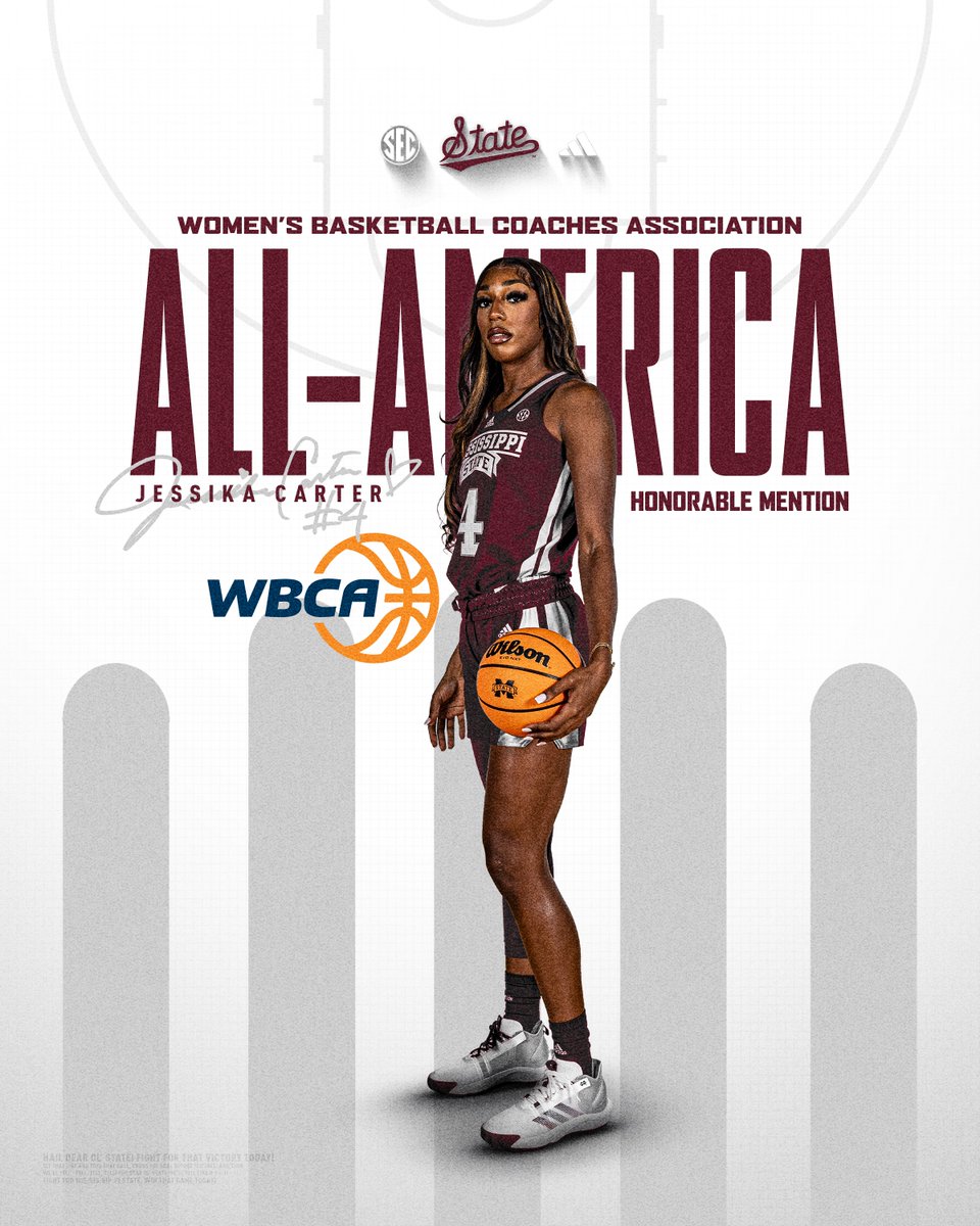 Jessika Carter. All-American. @jessikaaacarter has been named a @WBCA1981 Honorable Mention All-America selection for the second time in her career. Read more hailst.at/3xqnwzI #HailState🐶