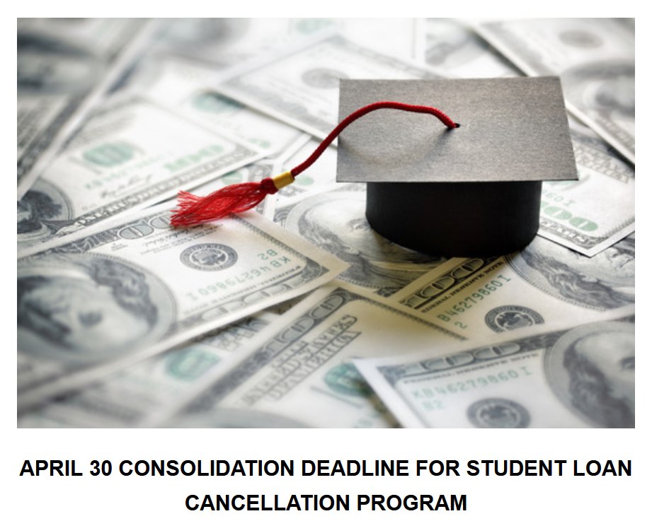 Take note: April 30 deadline to consolidate certain student loans in order for borrowers to be eligible for loan cancellation. Info: disb.dc.gov/studentloanhelp