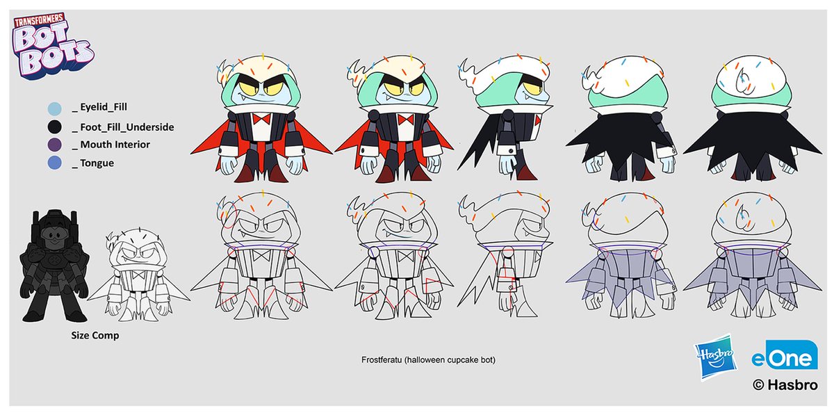 CottonGravy's tweet photo. More Botbots stuff I worked on! I think some parts of these designs got changed? Macaron doesn't have that open back dress thing going on in the final version. https://t.co/v2Cn1G45DO