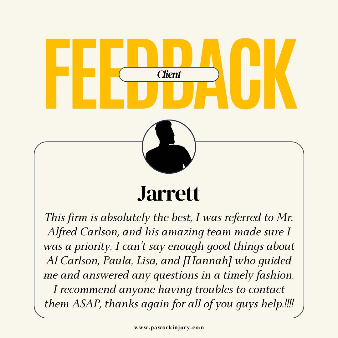 Happy Friday, everyone!! Today we share some feedback from our client, Jarrett 🙂

#workerscompensation #injuredworker #disability #TGIF #clientfeedback