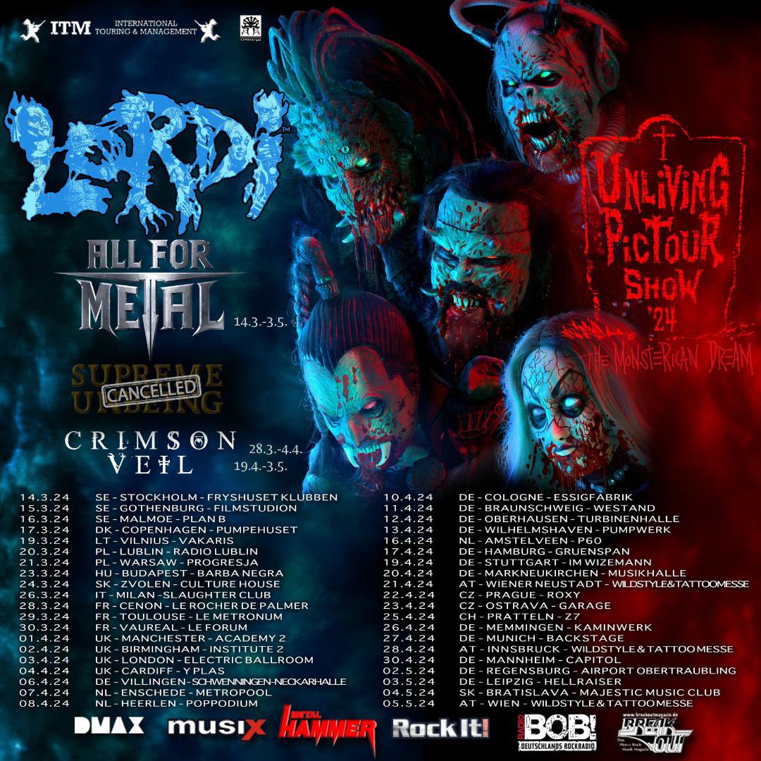 We are delighted to announce that we will be returning to the @LORDIOFFICIAL tour 😱 19th April - 3rd May We’ve had such an amazing time opening the shows with All For Metal and we simply can't wait to come back! See you soon Europe #lordi #allformetal #crimsonveil #progmetal