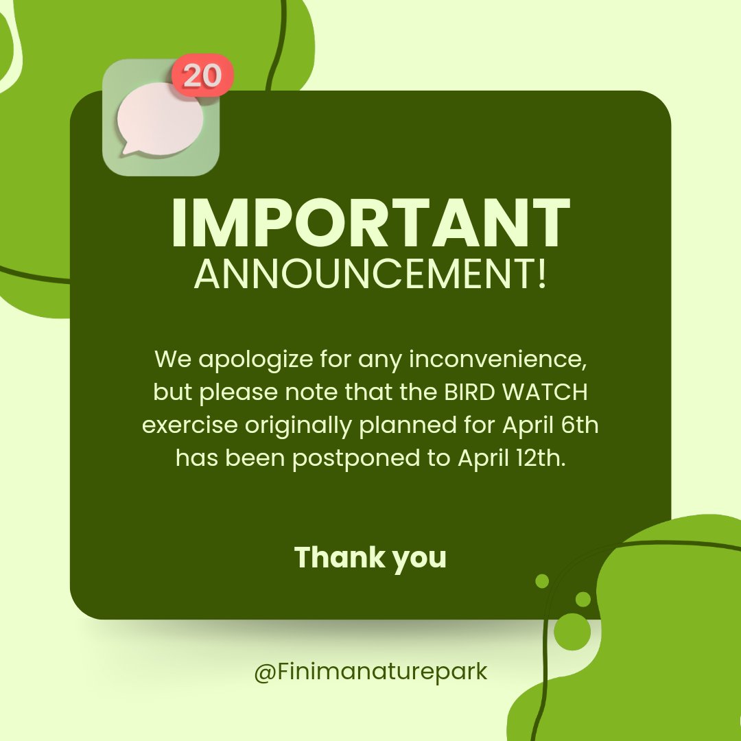We regret to inform you that the BIRD WATCH exercise scheduled for tomorrow, April 6th, has been rescheduled to Saturday, April 12th.

Our sincere apologies 🙏

#ncf #finimanaturepark #birdwatching #natureconservation