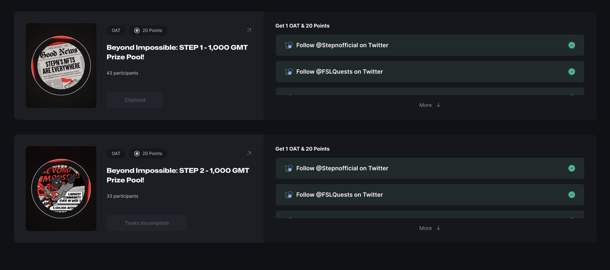 Due to the congestion of the SOLANA network, the decision was made to move the OAT badges to POLYGON. All you have to do is find the quest and give claim / and continue the missions. @Stepnofficial journey toward mass adoption is just getting started, but it’s always good to…