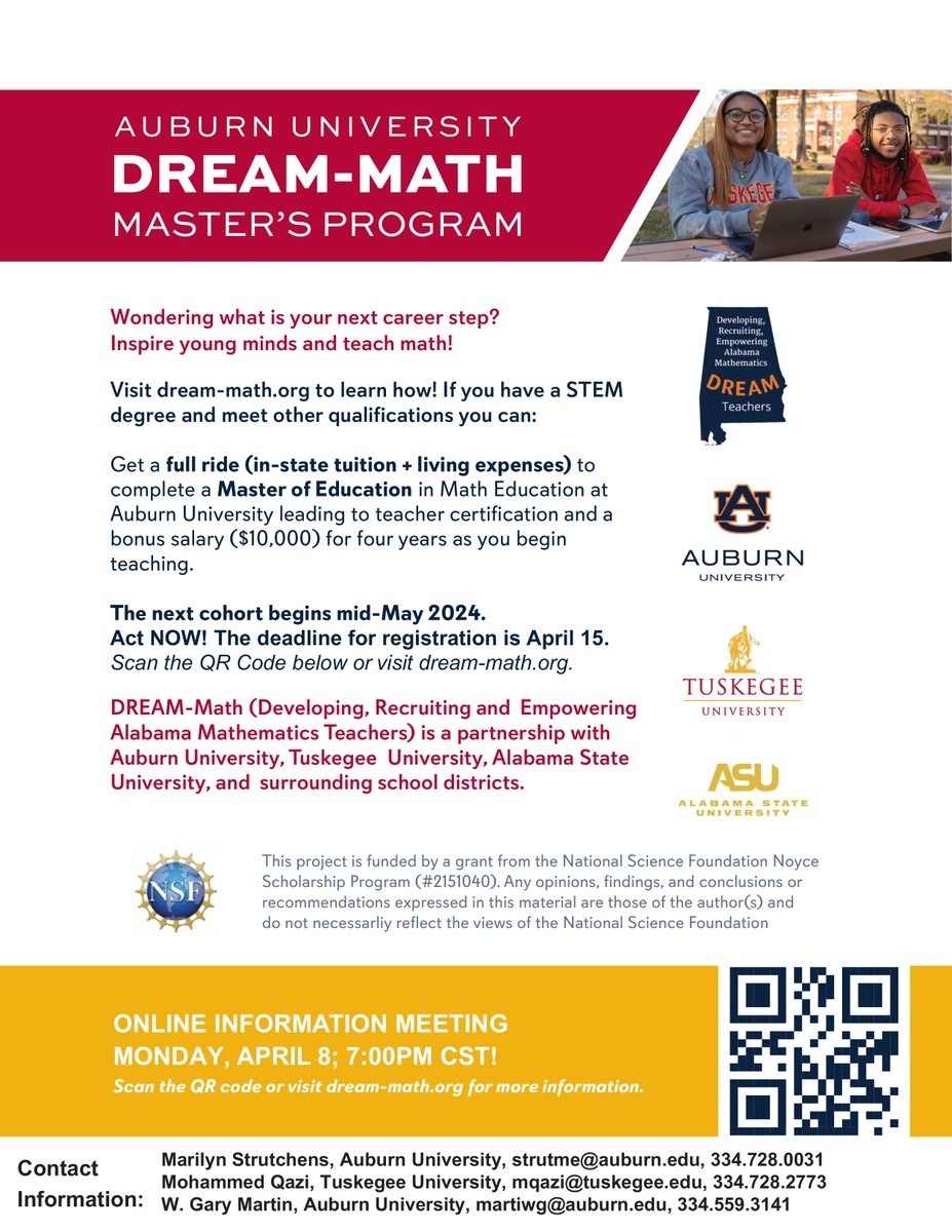 TU seniors and alumni in math, science, engineering, and other STEM fields are encouraged to apply to the DREAM-Math initiative at Auburn University. This project provides a streamlined preparation for a rewarding career as a mathematics teacher, along with financial support.