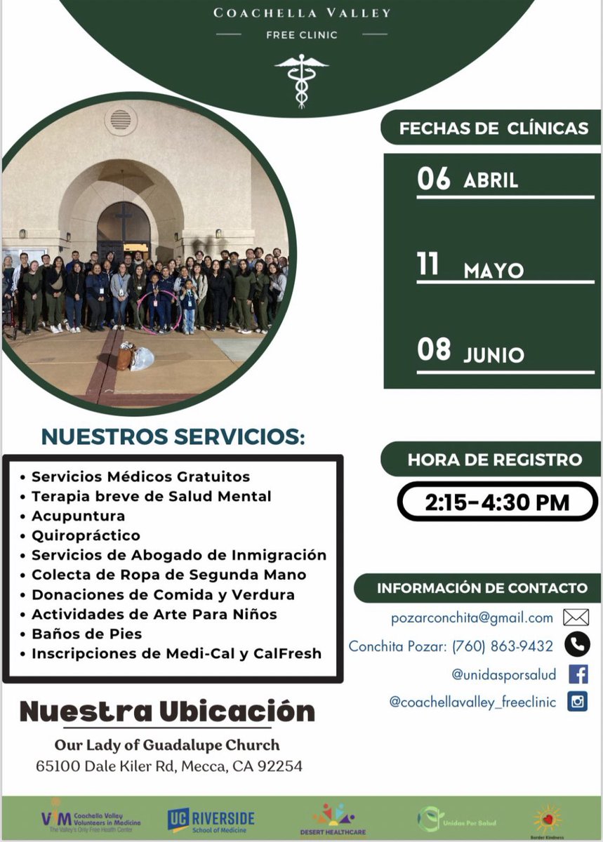 Les esperamos este sábado 6 de abril en nuestra clínica gratis en el Este del Valle de Coachella. El registro de pacientes es de 2:15-4:30 pm. 

Gracias por compartir esta información 🪴!