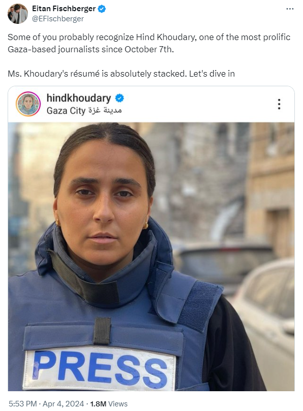 Eitan Fischberger, genocidal Zionist propagandist who served in the Israeli military, just put a kill target on journalist Hind Khoudary in an active genocide zone, knowing he is followed by top Israeli regime and military officials. If anything happens to her, he is responsible