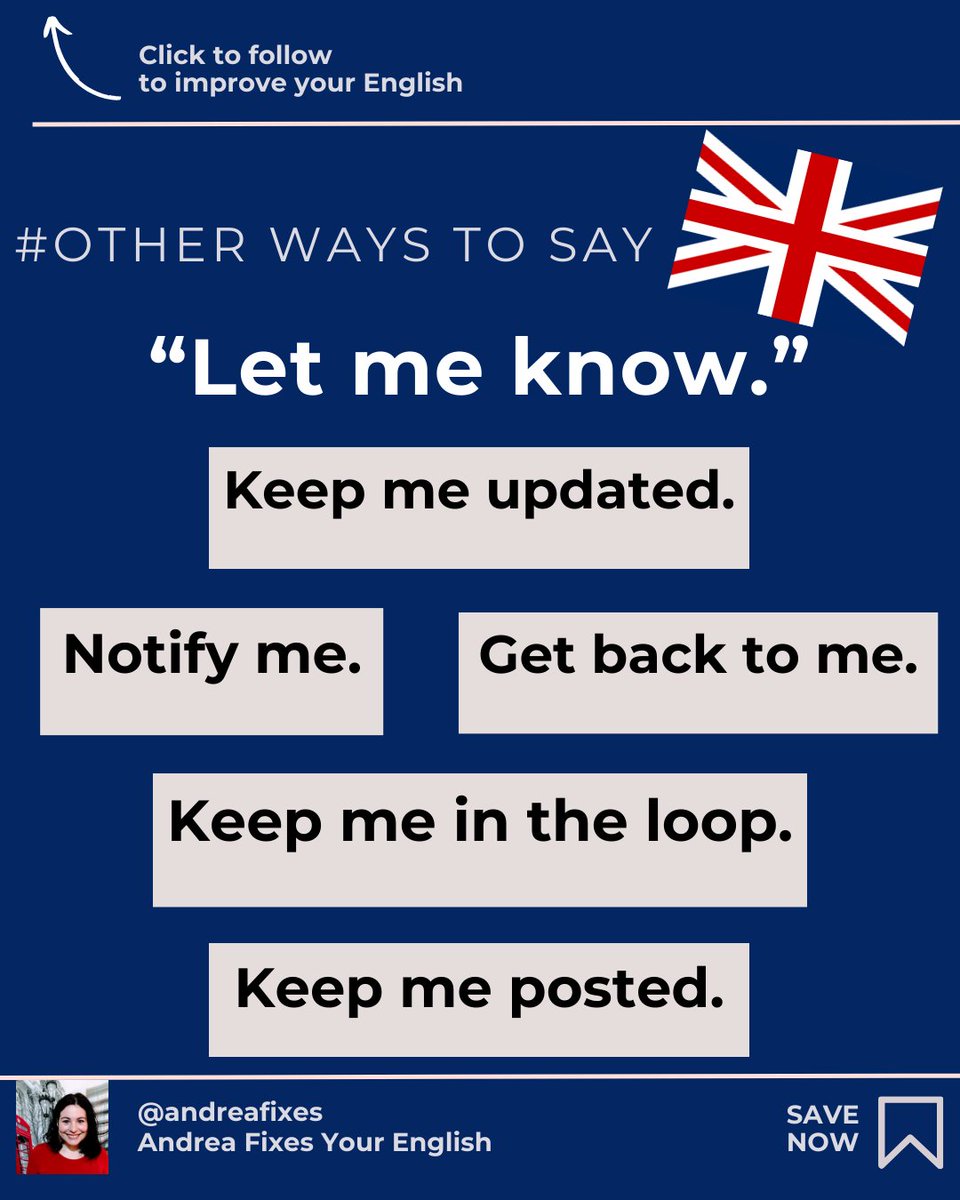 Have you heard of these other ways to say 'let me know'?🤔

👍🏻Which is your favourite?

🥳

✅Contact me for private lessons!

#LearnEnglish #IELTS #TOEFL #phrasalverbs #EnglishTeacher #TOEIC #ESL #EnglishPractice #english #AndreaFixes #vocabulary #grammar #idioms