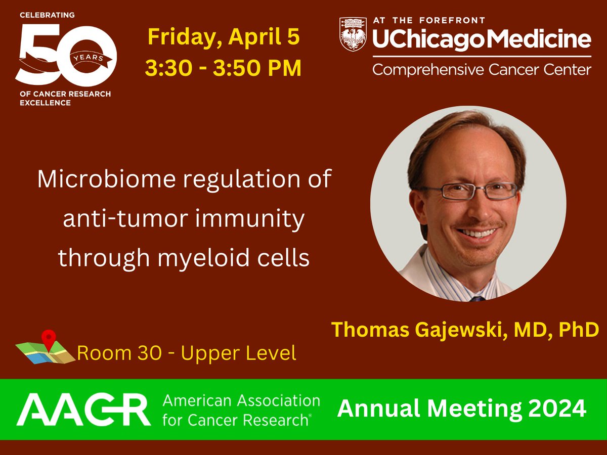 Day 1: Thomas Gajewski, MD, PhD, AbbVie Foundation Professor of Pathology is presenting in an educational session 'Evolving Insights on the Microbiome in Cancer' today at #AACR24. @AACR @UCCancerCenter @UChicagoCCB @UChicagoPath @UChicagoMed