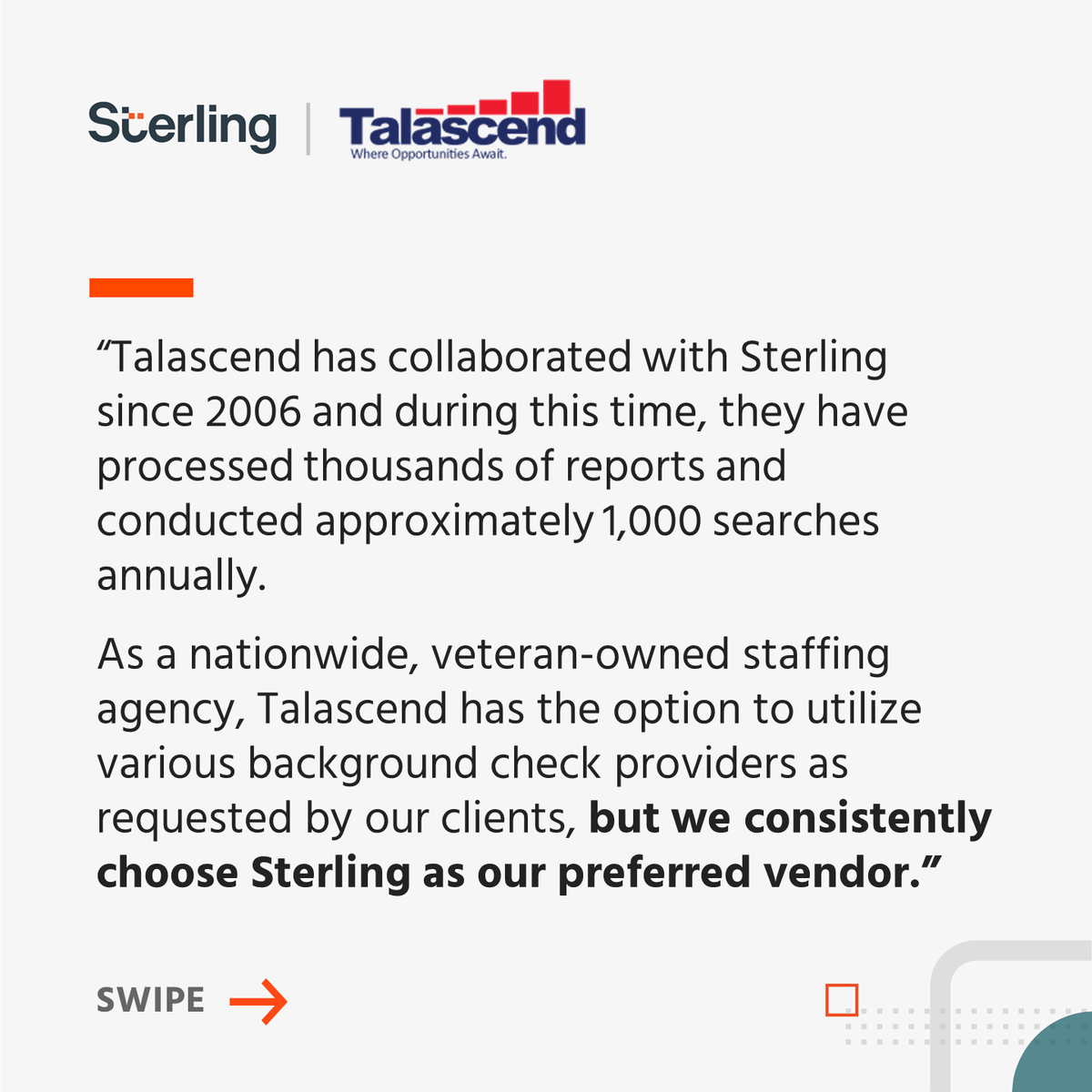 sterlingcheck's tweet photo. Thank you, @Talascend! We are proud to support your organization and look forward to continuing our partnership!

#ClientSuccess #StaffingIndustry