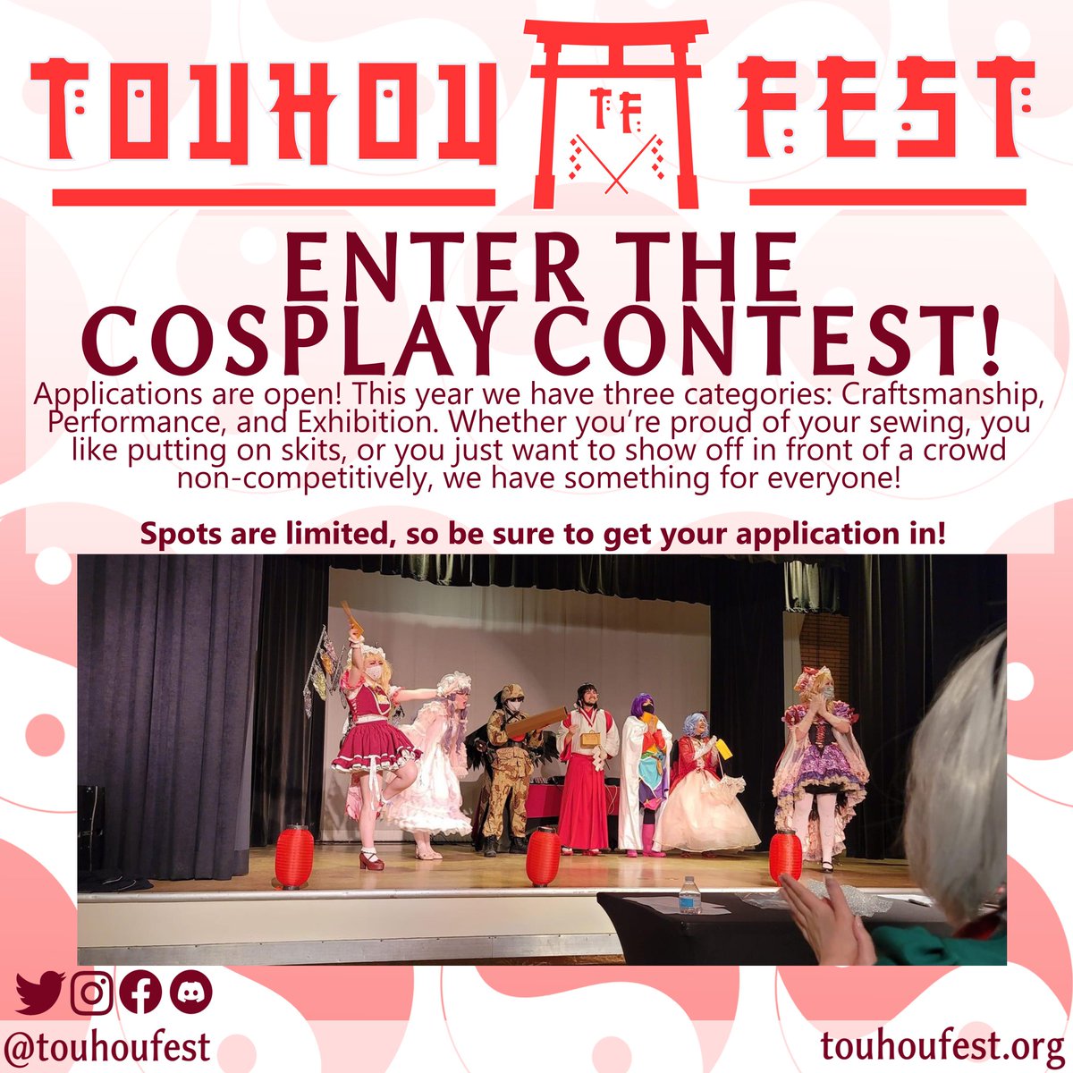 Go to our website to check out the applications for our three categories! Please be sure to read the contest rules before applying. All information and applications can be found here on our official website! touhoufest.org/cosplay