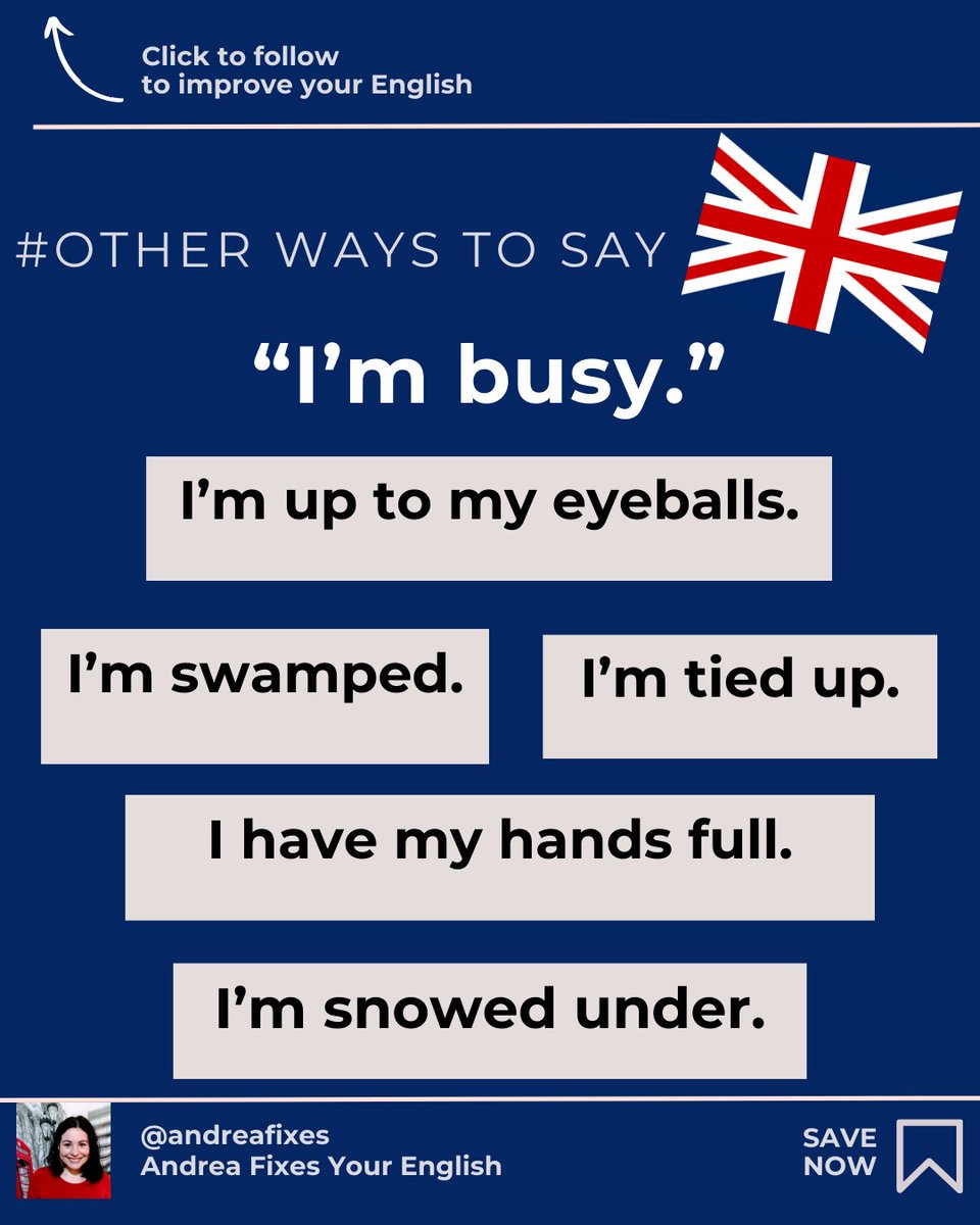 Have you heard of these other ways to say 'I'm busy'?🤔

👍🏻Which is your favourite?

🥳

✅Contact me for private lessons!

#LearnEnglish #IELTS #TOEFL #phrasalverbs #EnglishTeacher #TOEIC #ESL #EnglishPractice #english #AndreaFixes #vocabulary #grammar #idioms