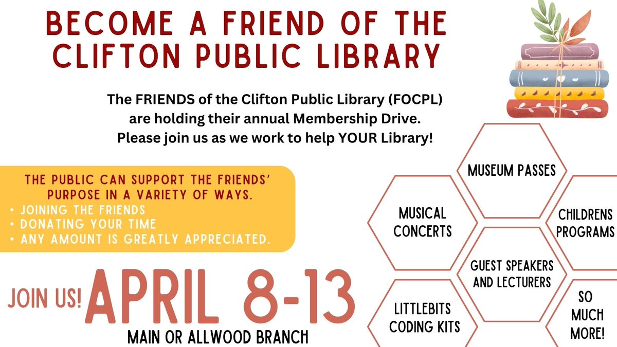 CliftonLibChild's tweet photo. Get involved! No better time than now to support your local library. Stop by April 8-13 to become a FRIEND of the library. #library #cliftonnj #cliftonpubliclibrary #FRIENDSofthelibrary #community https://t.co/kaoGv0YSvU