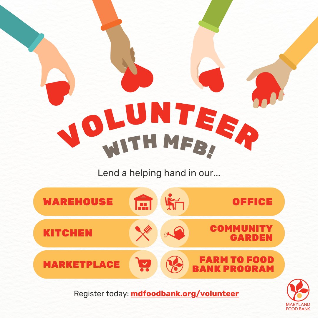 No matter your strengths or skills, YOU can make a difference! 💛#NationalVolunteerMonth Learn more about these opportunities (and more!) and register to join our awesome team of volunteers: bit.ly/3QX8pWd #MarylandFoodBank #Volunteer