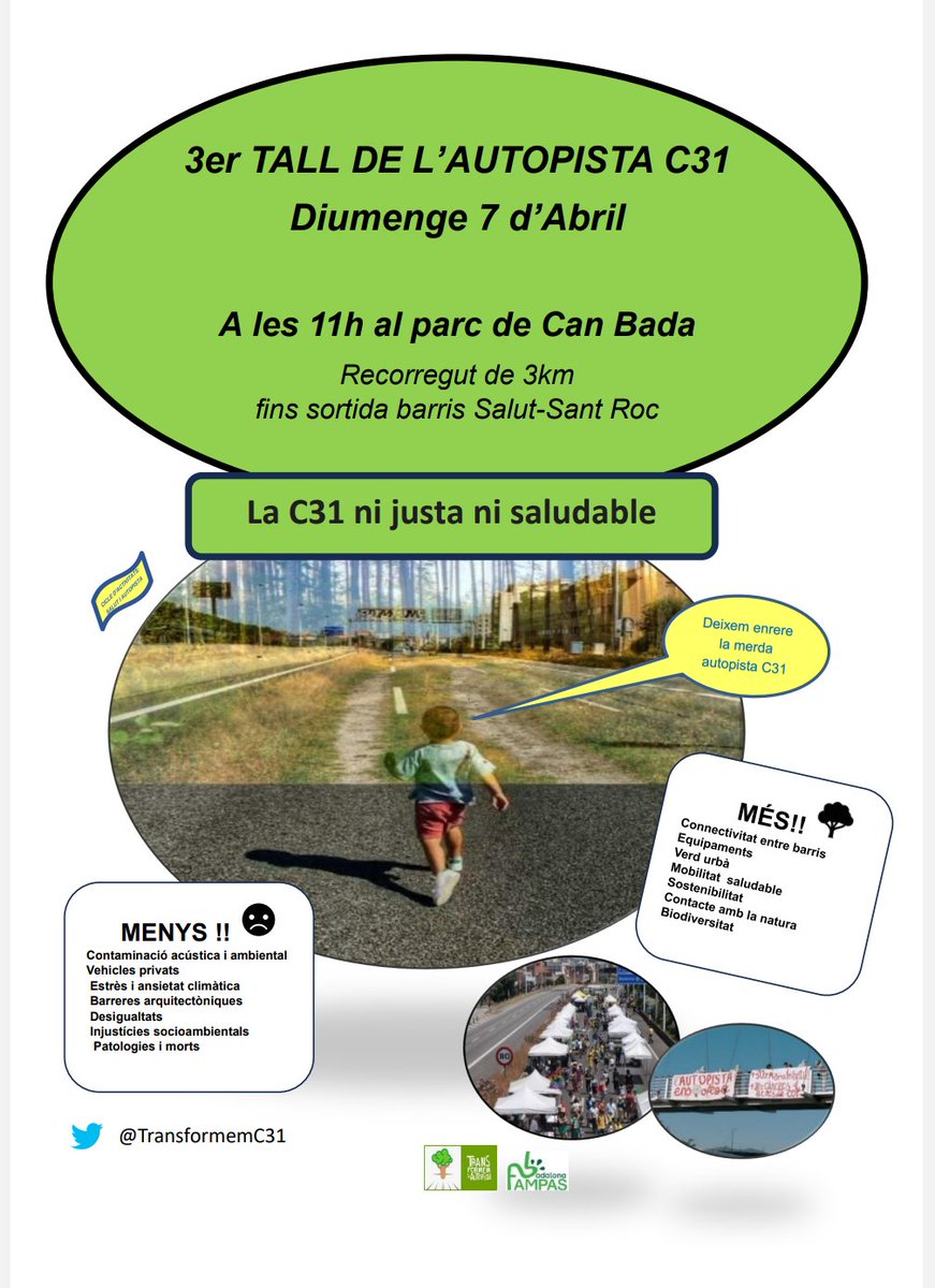 Caminant, amb bicicleta o patinet, quin plaer serà trepitjar la #merdautopistaC31 sense soroll de motors ni partícules contaminants!
Ens trobem diumenge a can Bada a les 11!!
