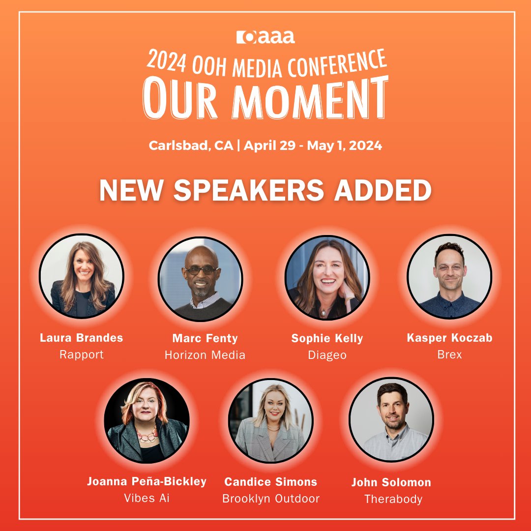 OAAA (@youroaaa) on Twitter photo We're excited to unveil additional notable speakers from <a href="/rapport_US/">Rapport US</a>, @horizonmedia, <a href="/Diageo_NA/">Diageo North America</a>, <a href="/brexHQ/">Brex</a>, #VibesAi, <a href="/brooklynoutdoor/">Brooklyn Outdoor</a> & <a href="/therabody/">Therabody</a> who are joining the mainstage lineup at #OOH2024 Media Conference!
There are still passes available, register now before the We're excited to unveil additional notable speakers from <a href="/rapport_US/">Rapport US</a>, @horizonmedia, <a href="/Diageo_NA/">Diageo North America</a>, <a href="/brexHQ/">Brex</a>, #VibesAi, <a href="/brooklynoutdoor/">Brooklyn Outdoor</a> & <a href="/therabody/">Therabody</a> who are joining the mainstage lineup at #OOH2024 Media Conference!
There are still passes available, register now before the