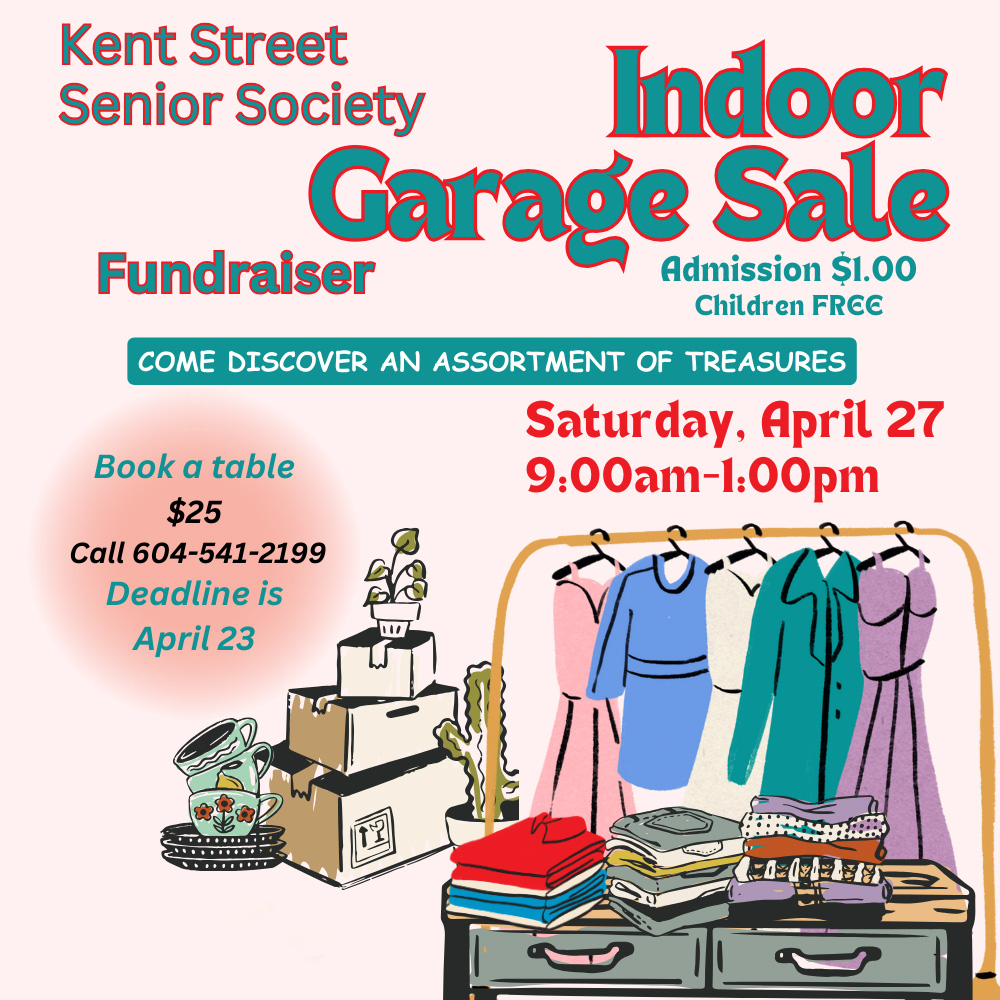 🌸🏠 Spring is here, and with it comes the perfect opportunity for spring cleaning! Re-love and sell your goods and treasures at the Indoor Garage Sale Fundraiser at the Kent Street Activity Centre on Saturday, April 27. Learn more at tinyurl.com/yckh4rvf #WhiteRockBC
