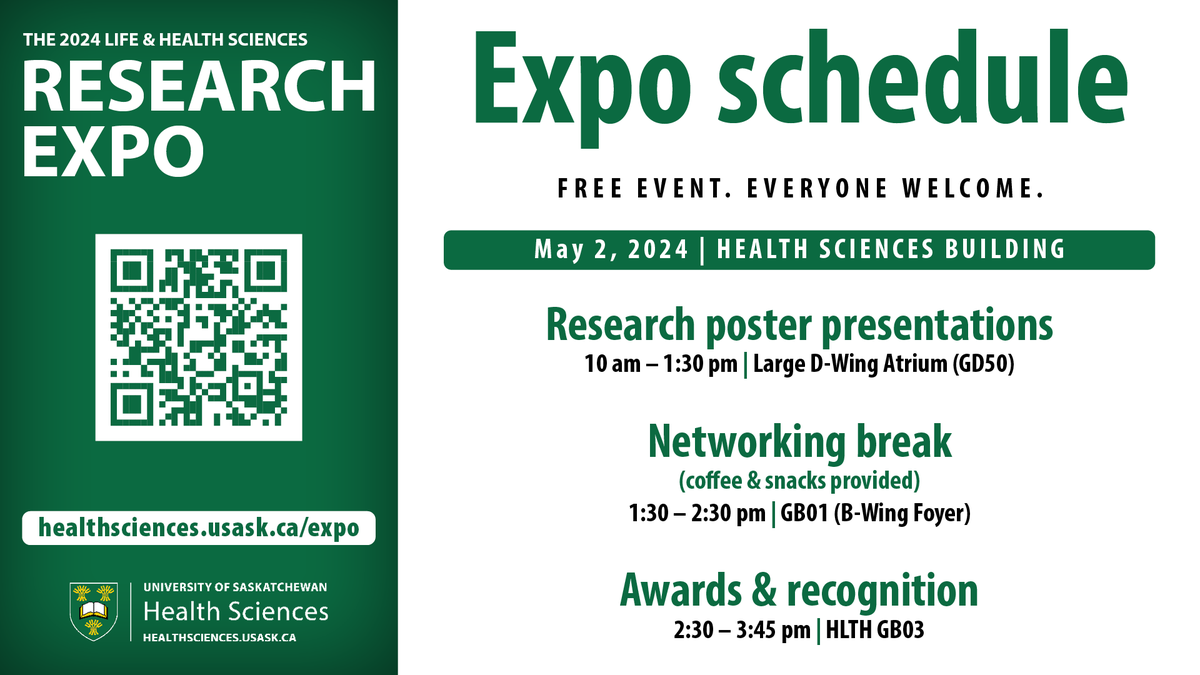 Join us May 2 for #USaskResearch poster presentations and an afternoon ceremony featuring awards for Best Paper in each competition category and for Best Supervisor. For a list of competition categories & more expo info, visit healthsciences.usask.ca/expo #USaskHealth