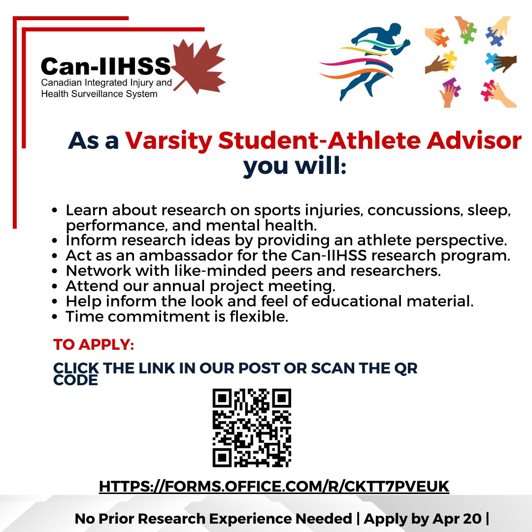 🇨🇦 Calling all Canadian varsity athletes! 🏅

14 researchers & 20 ATs/PTs have teamed up to build a national database for sports injuries, concussions, and mental health.

Your voice is crucial! Join us & make a difference! 🌟 #AthleteVoice #Research
👀⬇️
forms.office.com/r/cKTT7pVEuK