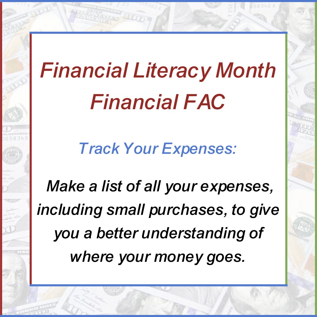For financial literacy month, get a handle on your finances by learning how to track your expenses. Make an appointment with our Financial Coach today! Visit bit.ly/FACCoach! #FinancialFACs #FinancialLiteracyMonth