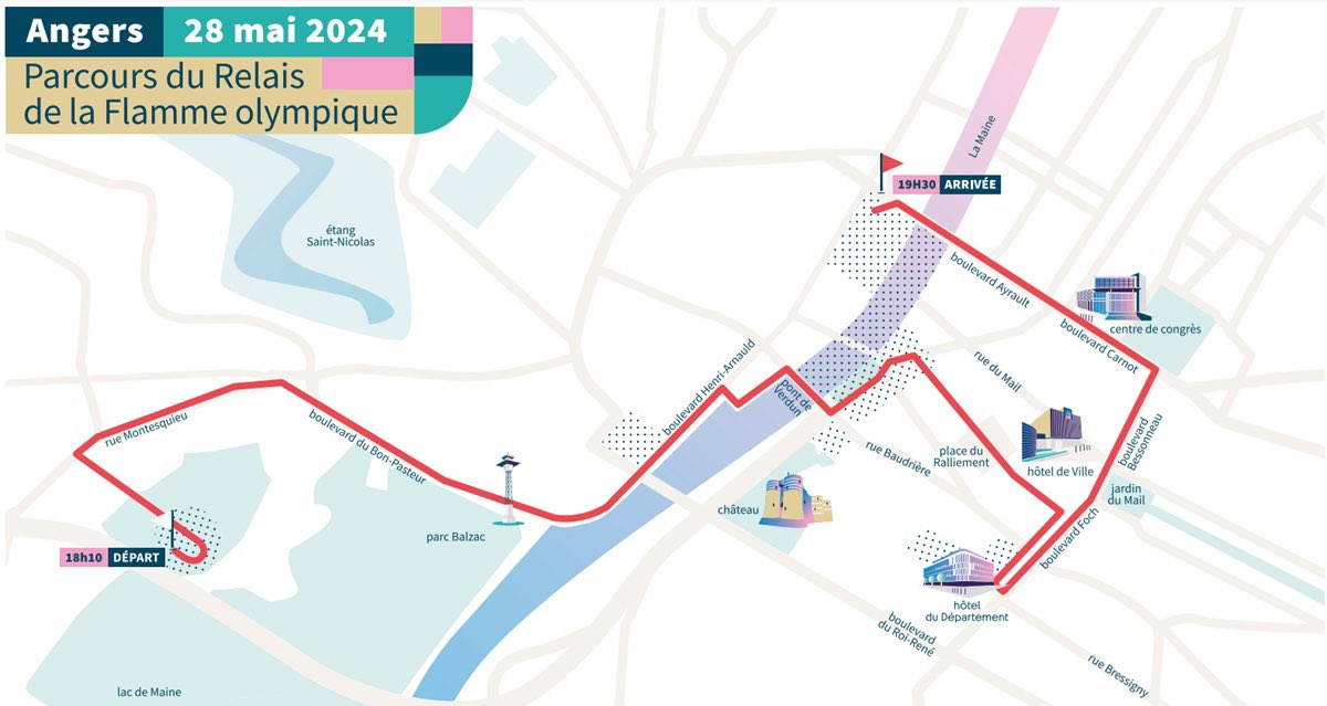 🔥 🏃🏻‍♂️ Découvrez le tracé de la flamme olympique qui traversera #Angers mardi 28 mai sur un parcours de 6 km, porté par 30 relayeurs. #Paris2024