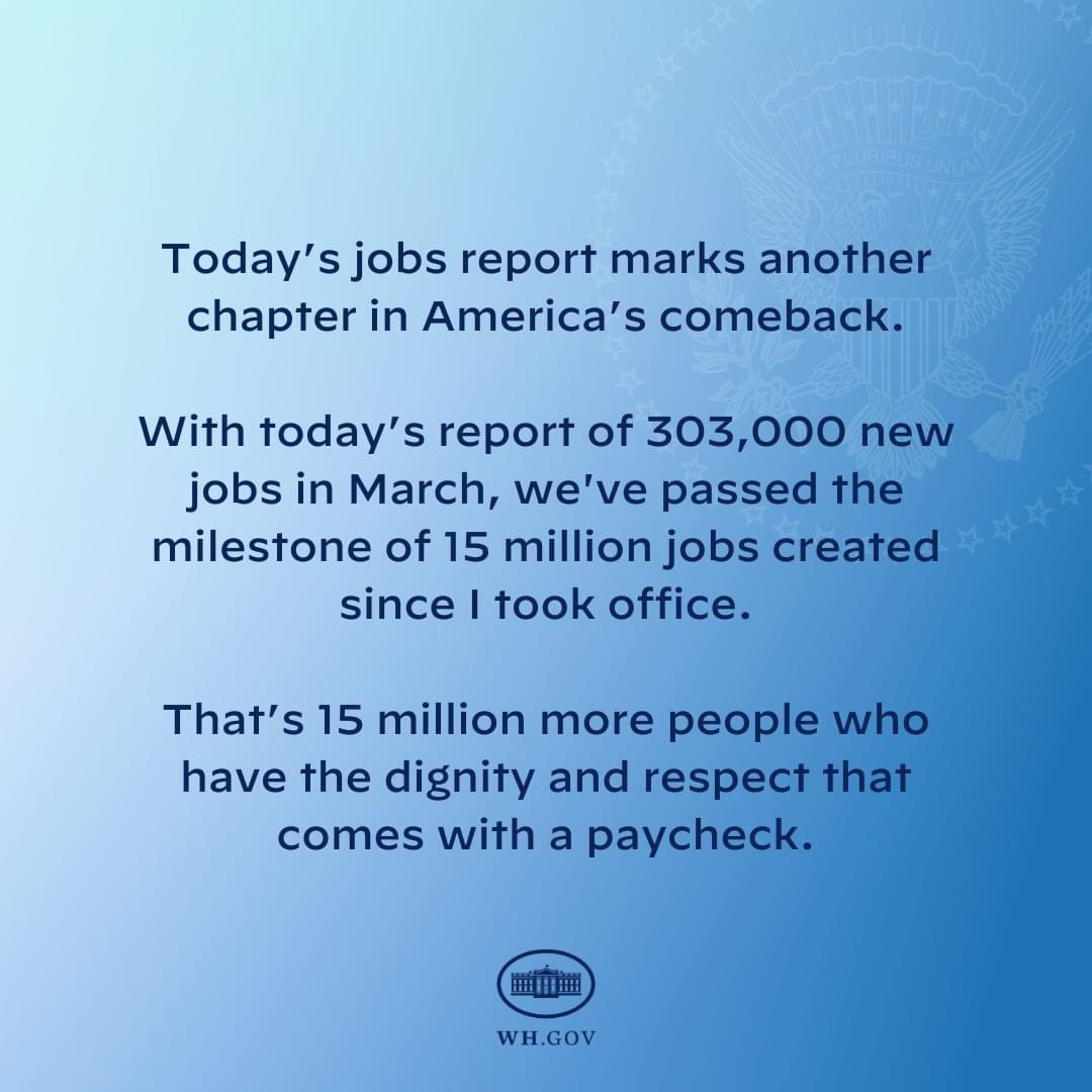 Oralè Resisters 
🎶This is how we do it 🎶
March Job Gains 330,000
Over 15 Million Jobs 
Way to go President Biden
#BidenomicsWorks #flori4women #BidenHarris2024 #LatinosForChoice #Jobs #Economy @JoeBiden #roevember #StopTrumpsAbortionBan
