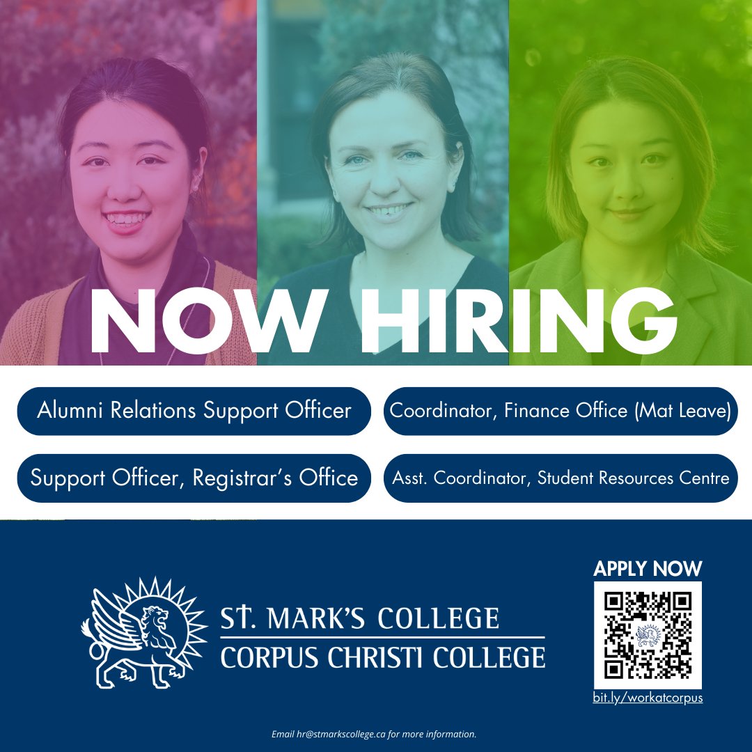 #NowHiring Are you passionate about making a difference in the lives of university students? Join our dynamic staff team at St. Mark’s - Corpus Christi College and apply today: bit.ly/workatcorpus Email hr@stmarkscollege.ca for any questions. #catholiceducation #highered